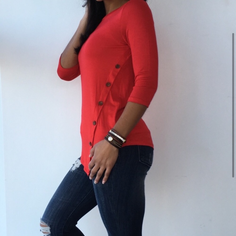 Red Top w/ Asymmetrical Buttons Detail